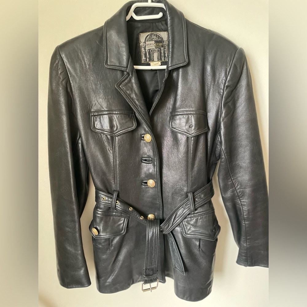 Vintage Black Leather Belted Jacket